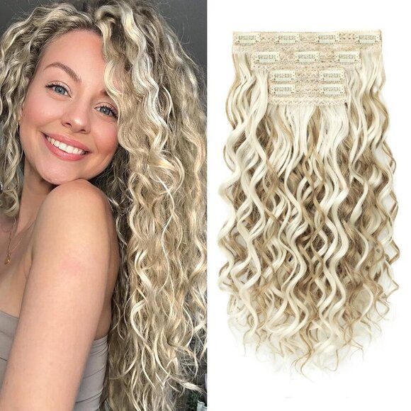 Curly Clip In Hair Extensions Synthetic 16 Inch Ash Blonde Highlights Women main image 8
